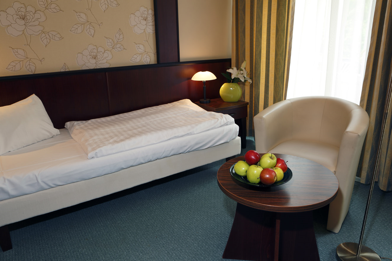 * View of the forrest park
* Hall with storage space
* Bedroom - single bed (extra bed for 1 person possible)
* TV + SAT, radio, telephone, fridge, safe
* Bathroom – shower + toilet, hairdryer